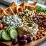 Mediterranean Brunch Board with Dips and Flatbreads topped with crumbled feta, olives, fresh veggies, and herbs, ready for a festive gathering.
