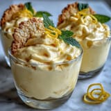 Elegant individual lemon mousse cups garnished with mint and paired with crisp, golden shortbread cookies.  