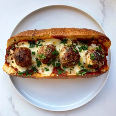 A classic Meatball Sub with tender beef and pork meatballs smothered in rich marinara sauce inside a toasted roll.