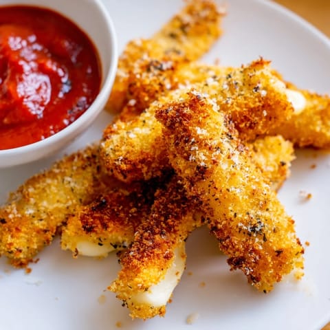 Golden-brown, double-breaded mozzarella sticks lined up with marinara sauce for dipping.