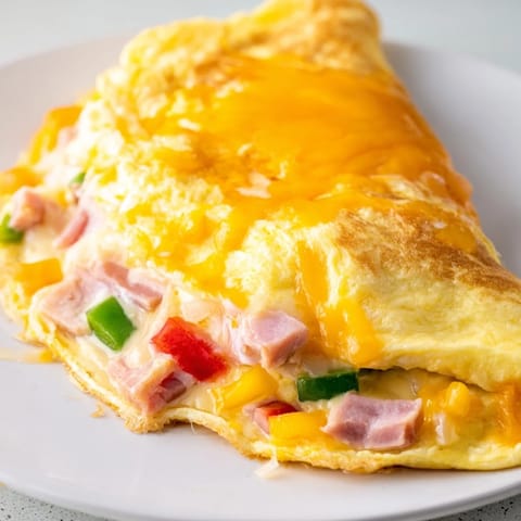 Freshly made Denver Omelet resting on a white plate next to a fork and a side of buttered toast for a hearty breakfast.