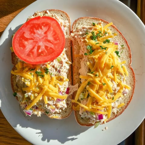Freshly prepared Tuna Melt open-faced sandwich with creamy tuna salad and melty cheese, perfect for a comforting lunch.