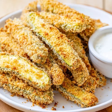 Golden Fried Pickles resting on a napkin with a small bowl of ranch dressing.