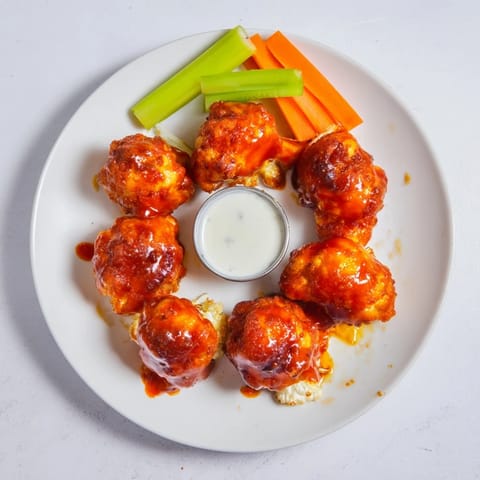 Golden-brown battered Buffalo Cauliflower Wings tossed in tangy sauce, paired with crunchy carrots and ranch dressing.
