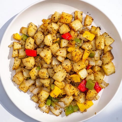 A bowl of seasoned Home Fries served alongside scrambled eggs and toast.