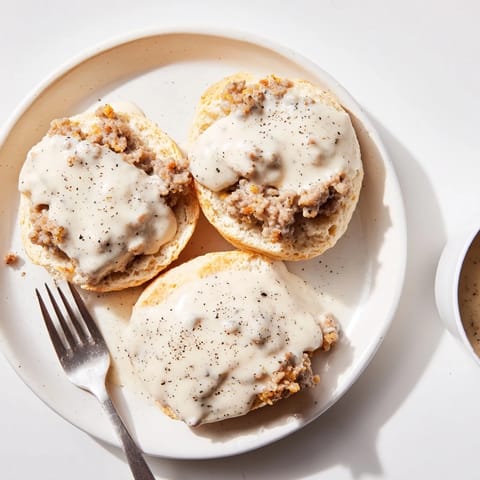 Freshly baked buttermilk biscuits smothered in creamy homemade sausage gravy, perfect for breakfast.