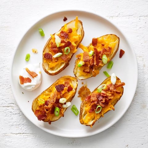 Half potatoes with crunchy skins, green onions, and sour cream dollops on a rustic platter.