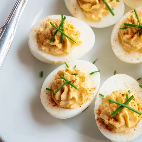 Classic deviled eggs are perfectly piped, sprinkled with paprika, and arranged for a festive party appetizer spread.