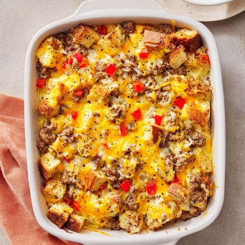 A baked Breakfast Sausage Casserole with herb-flecked egg custard and crispy bread cubes.