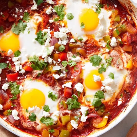 Steam rises from the skillet as poached eggs sit in a spicy shakshuka sauce with peppers and onions.
