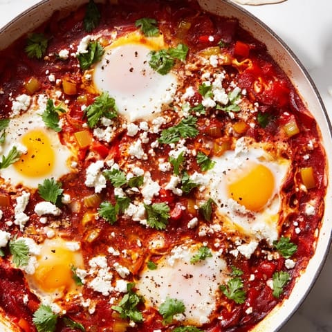 A hearty bowl of shakshuka topped with cilantro, feta, and crusty bread ready for brunch.