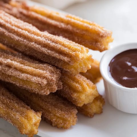 Warm churros stacked on a plate, steam rising, paired with a dark chocolate ganache dip for dipping. 