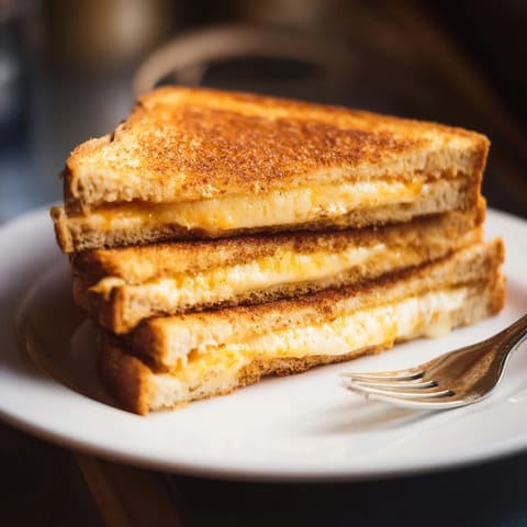 Golden, crispy sourdough slices encase layers of melted cheddar, provolone, and mozzarella in this Triple Cheese Sourdough Grilled Cheese.