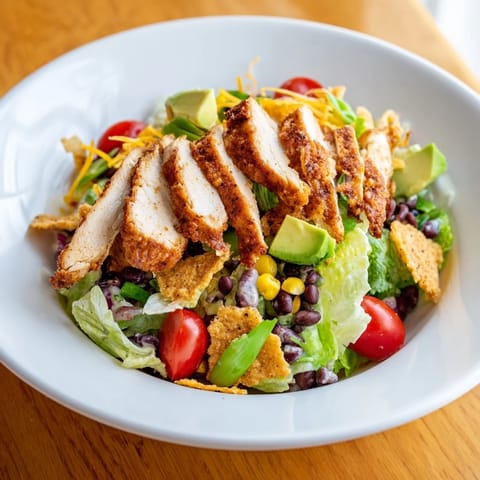 A close-up of Crunchy Taco Chicken Salad with seasoned chicken, black beans, corn, and fresh avocado.