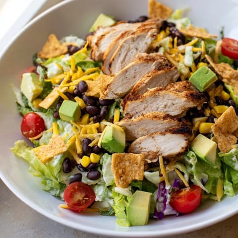 Crunchy Taco Chicken Salad topped with shredded cheddar and crushed taco shells for a satisfying Tex-Mex meal.