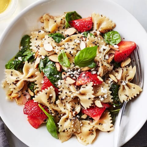 Freshly tossed Spring Spinach Strawberry Pasta Salad garnished with sliced strawberries, baby spinach, and toasted almonds on a rustic table.