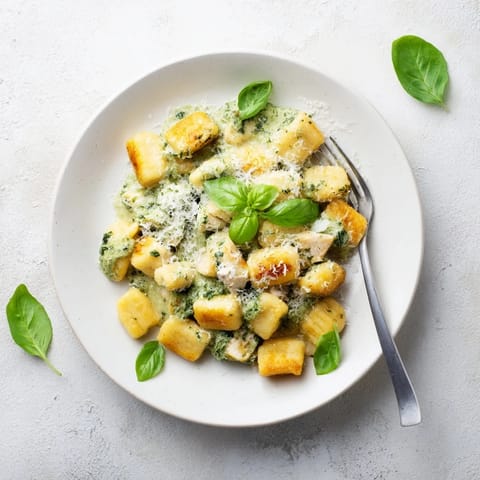 Golden pan-crisped gnocchi and tender chicken pieces coated in a lush, herbaceous pesto cream sauce, garnished with fresh basil.