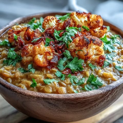 Aromatic dhal topped with crispy, spiced cauliflower for a vibrant dinner.