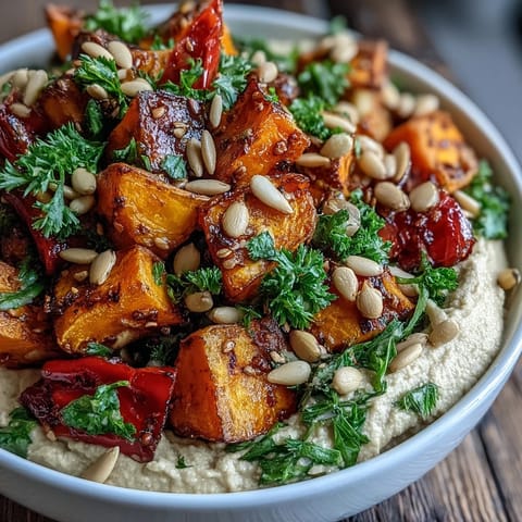 Roasted squash and hummus winter salad, a hearty vegetarian dish with tender veggies.
