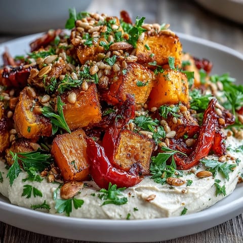 Creamy butter bean hummus topped with flavorful roasted squash, perfect for lunch.