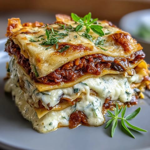 One-Pan Smoky Veggie Lentil Lasagne baked golden brown, ready to serve.