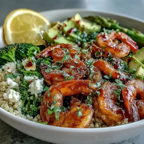 Vibrant shrimp and quinoa detox Buddha bowl, loaded with fresh, colorful vegetables.