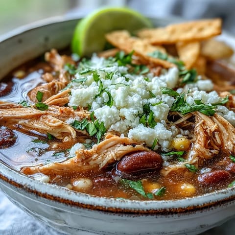 A steaming bowl of Chicken Tortilla Soup topped with cilantro, lime wedges, and crumbled cotija cheese.