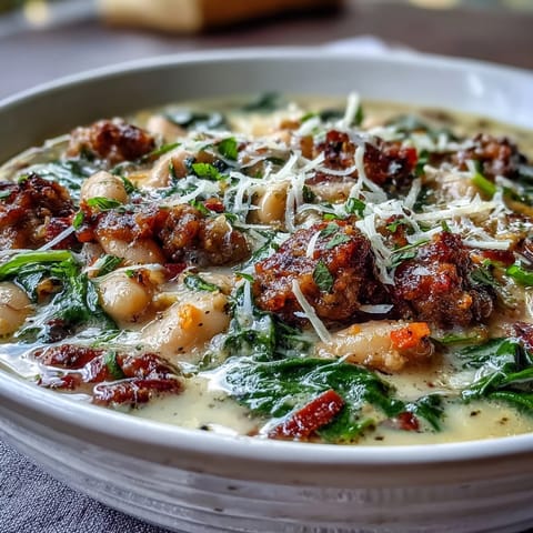 Creamy Tuscan White Bean Soup with Sausage bubbling in a pot, topped with melted Parmesan and wilted spinach.