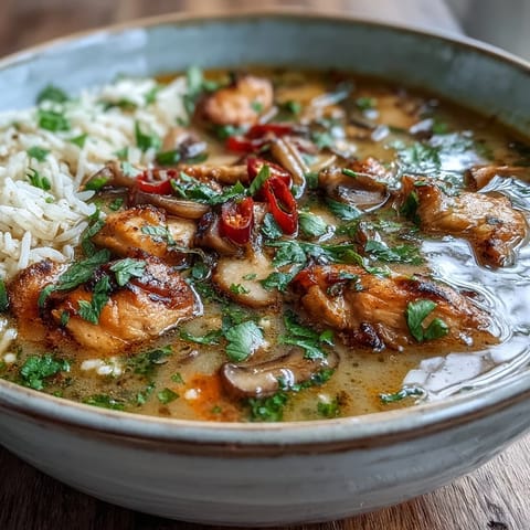 Steaming bowl of Thai Coconut Curry Soup garnished with cilantro and lime wedges, served alongside fluffy jasmine rice.  