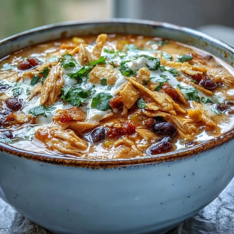 A close-up bowl of Easy Chicken Tortilla Soup with shredded chicken, black beans, and melted cheese, topped with crispy tortilla strips.