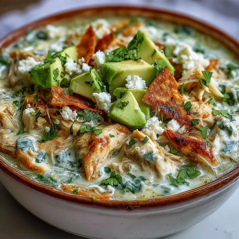 Spoonful of creamy chicken tortilla soup with shredded chicken, salsa verde, jalapeños, and lime wedges on the side.