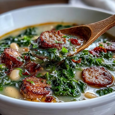 Hearty Italian White Bean Soup with Kale and Sausage served steaming hot in a rustic bowl, garnished with Parmesan and parsley.