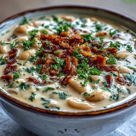 Bowl of Creamy Tuscan White Bean Soup, a velvety blend of white beans and sun-dried tomatoes with crusty bread.
