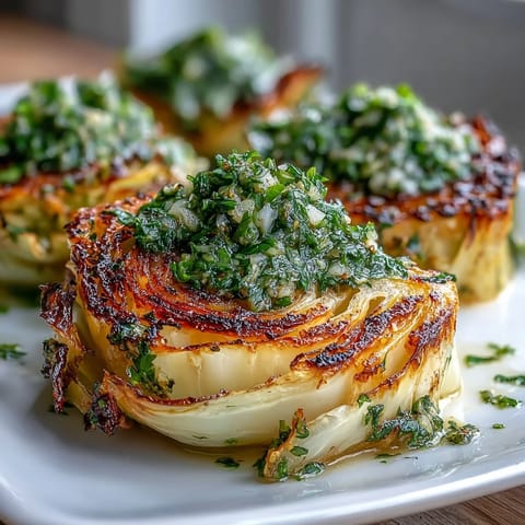 Hearty vegan cabbage steaks with spicy chimichurri, served on a rustic white plate.