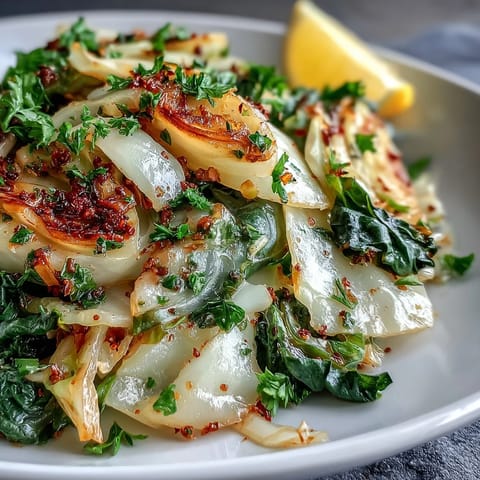 Garlic-scented Sautéed Cabbage with Mediterranean Spices glistens in a skillet with a light caramelized edge.