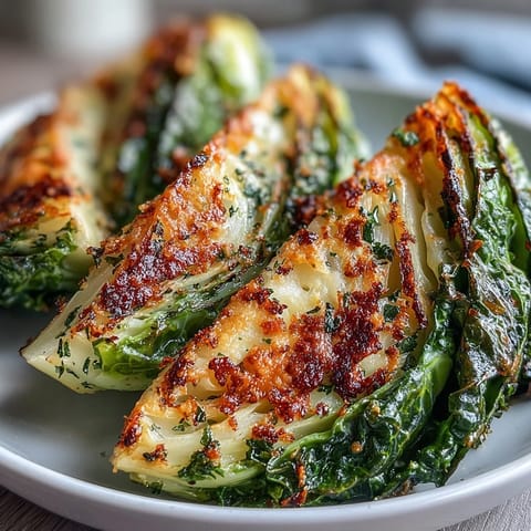 Golden roasted cabbage wedges with crispy, caramelized edges coated in garlic-parmesan seasoning on a baking sheet.