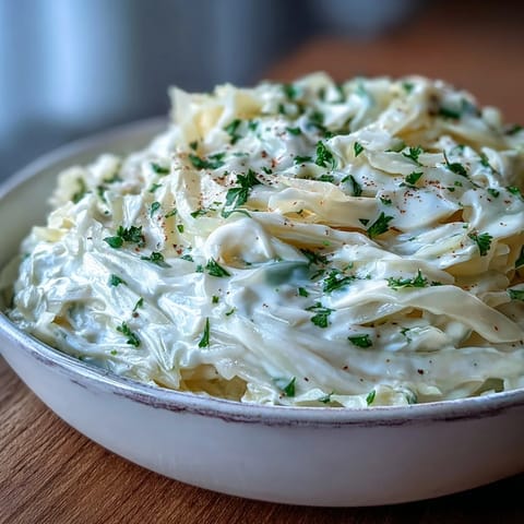 Creamed Cabbage with silky, tender ribbons bathed in a light, creamy sauce garnished with fresh parsley.
