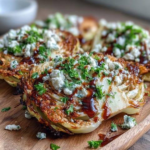 Thick charred cabbage steaks with Crispy Cabbage Steaks With Feta and Balsamic, feta melting on top and tangy balsamic drizzle.