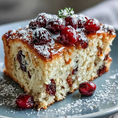 Freshly baked Cranberry Orange Breakfast Cake cooling on a wire rack, dusted with powdered sugar, perfect with a steaming mug of coffee.