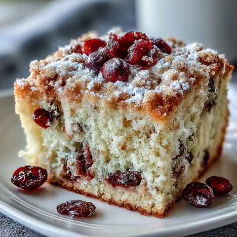 Slices of tender Cranberry Orange Breakfast Cake reveal vibrant orange zest and tart cranberries, served on a rustic white plate for breakfast.