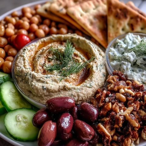 Vibrant Mediterranean Brunch Board with Dips and Flatbreads, featuring creamy hummus and smoky baba ganoush arranged on a rustic wooden table.