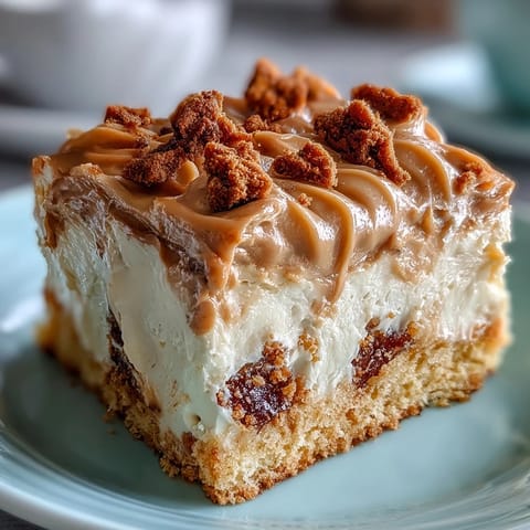 Decadent Baked Biscoff Cake with Creamy Lotus Frosting on a rustic plate, ready to be sliced and served alongside a hot cup of coffee.