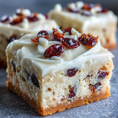 Platter of festive Cranberry Bliss Bars with creamy orange frosting and white chocolate drizzle, ready to serve.