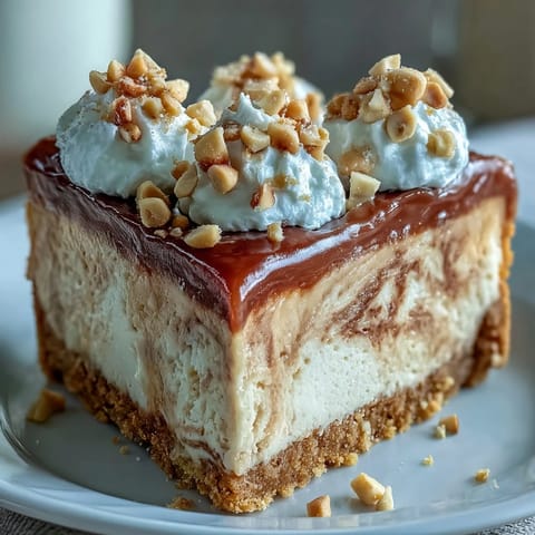 A close-up slice of Nutter Butter cheesecake reveals a creamy peanut butter swirl atop a golden cookie crust, crowned with whipped cream.