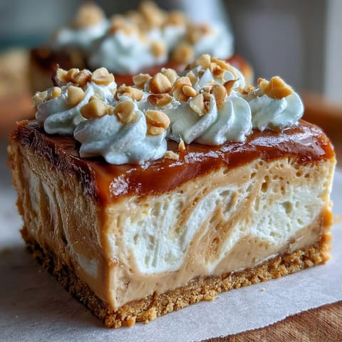 Nutter Butter cheesecake on a white plate, garnished with chopped peanuts and a cookie, ready to serve at a festive gathering.