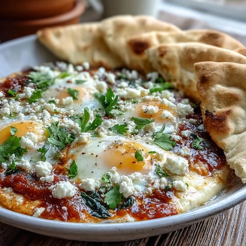 Colorful Shakshuka Bowl with runny-yolked eggs nestled in spiced tomato sauce, served alongside warm pita bread for scooping.