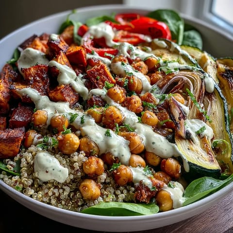 Golden-brown crispy roasted chickpeas nestled in a vibrant bowl of quinoa, roasted vegetables, and avocado slices, drizzled with creamy tahini dressing.