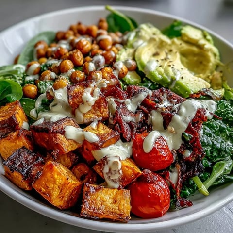 Creamy tahini dressing drizzled over vibrant mixed greens, roasted sweet potatoes, crispy chickpeas, and fresh avocado slices in a hearty Breakfast Buddha Bowl.  