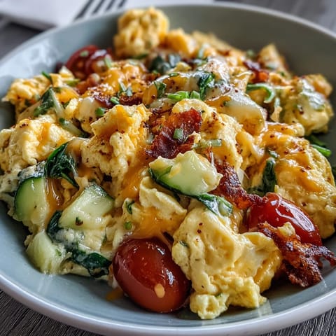 Golden scrambled eggs and melted cheddar cheese fill a white ceramic bowl with sautéed red bell peppers, zucchini, and fresh spinach.  