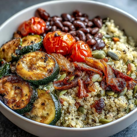A vibrant Veggie and Quinoa Power Bowl topped with roasted vegetables, black beans, and crunchy almonds on a bed of fluffy quinoa.